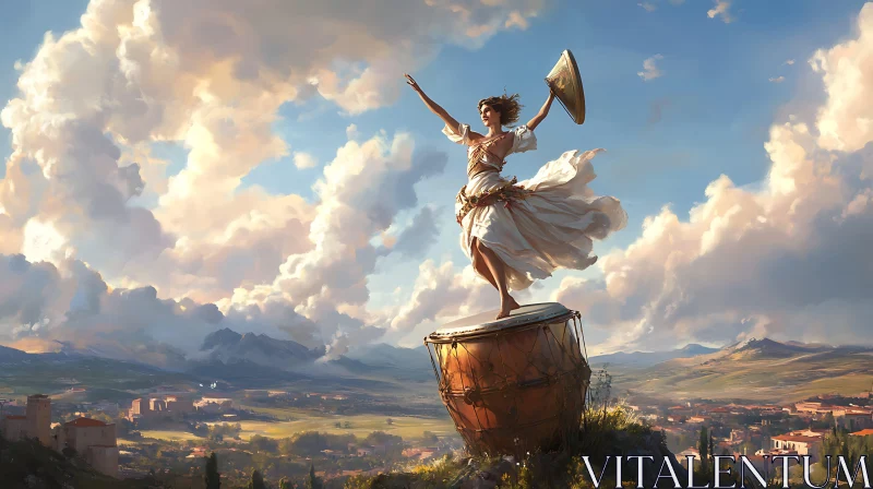 Woman on Drum with Landscape