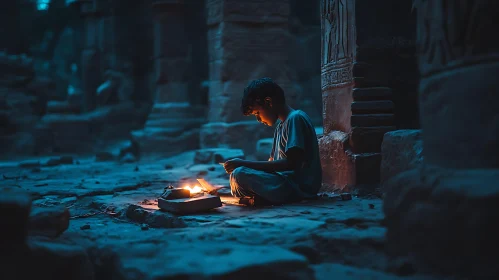 Boy Meditating by Candlelight in Ruins