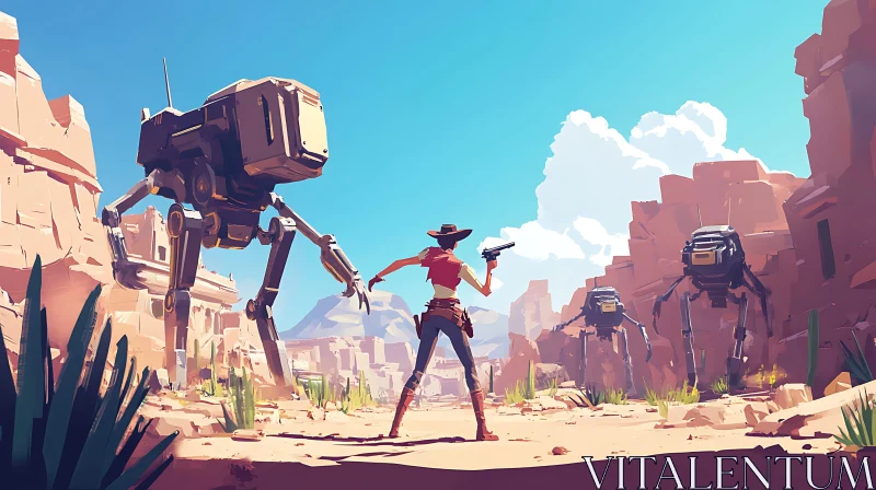 Western Sci-Fi Battle: Cowgirl and Robots AI Image