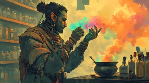Mystical Alchemist Brewing Colorful Elixirs