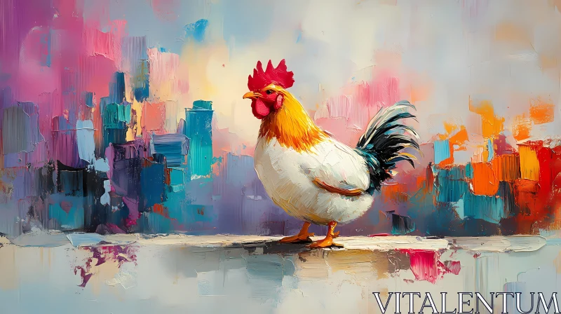 AI ART Colorful Rooster in Expressionist Urban Backdrop