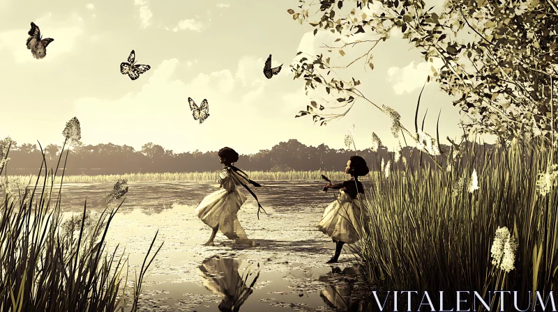 Tranquil Lake Scene with Girls