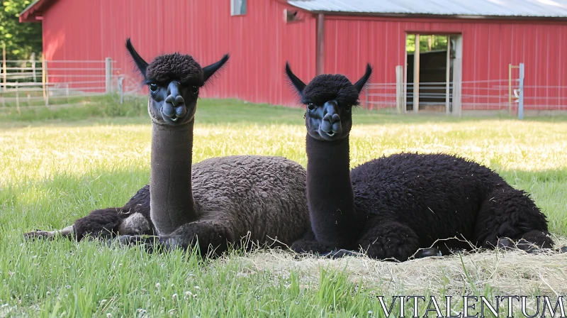 Alpacas Lying in Grass Near a Red Barn AI Image