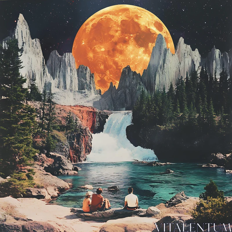 Fantasy Landscape with Moon and Waterfall