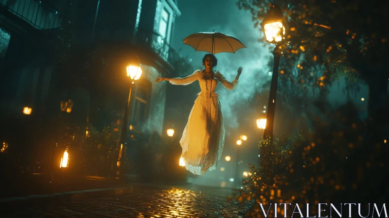 Woman in White Dress with Umbrella