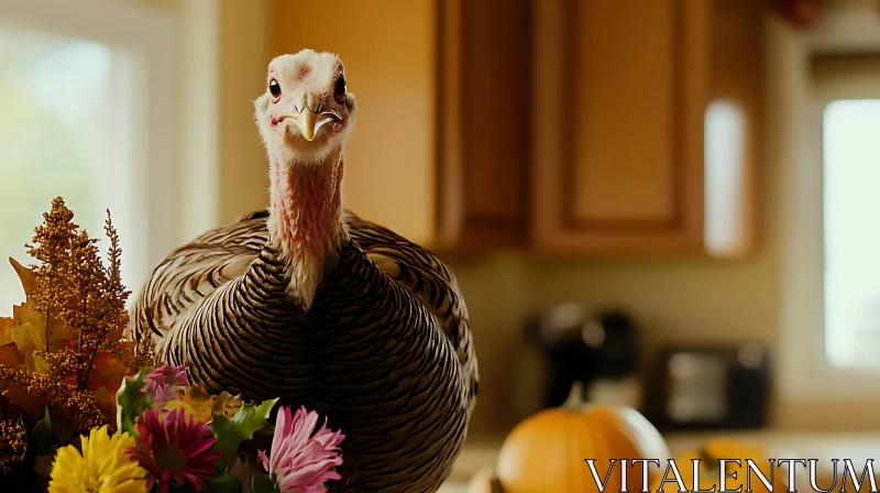 Festive Turkey Among Flowers and Pumpkins