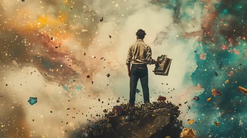 Man with Books in Cosmic Scene