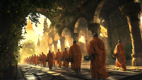 Procession of Monks in Ancient Temple