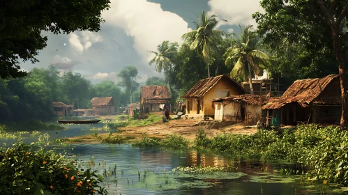 Peaceful Village Landscape with Thatched Houses