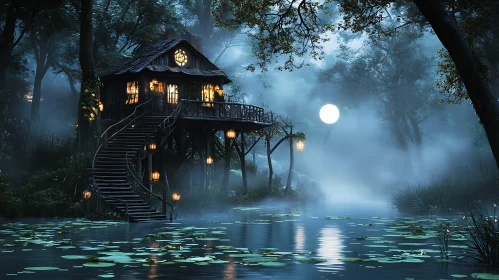 Mystical Treehouse in Foggy Forest
