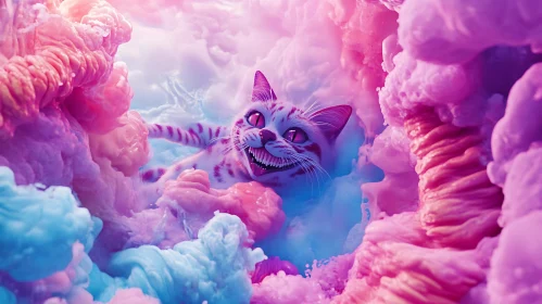Surreal Smiling Cat with Candy Clouds