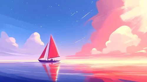 Pastel Sunset Sailing Boat Calm Waters