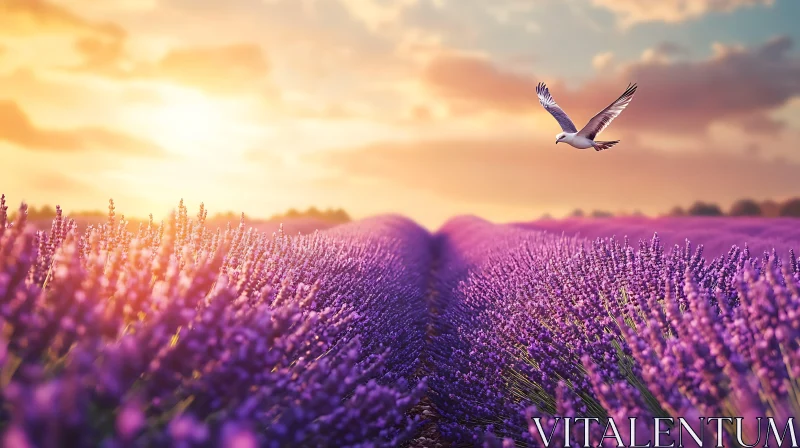 Bird Over Lavender Field During Sunset