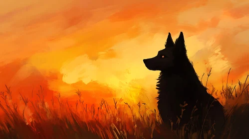 Black Wolf in Golden Field