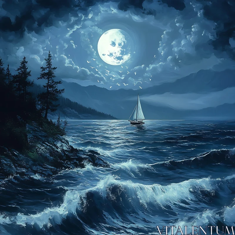 Serene Night Seascape with Sailboat