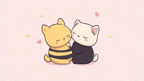 Whimsical Cats Cuddling on Pink Background