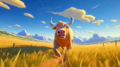 Animated Bull in Adventure-themed Field