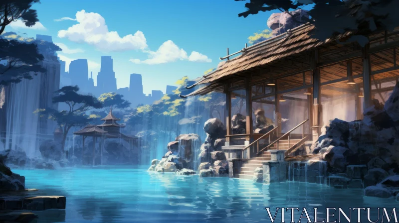 Anime Art - Serene Asian Village with Waterfall and Wooden Arch AI Image