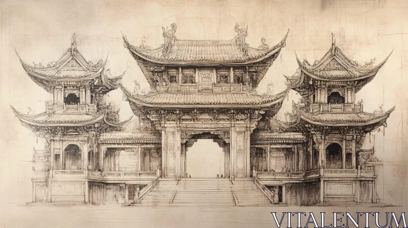 Detailed Asian Building Sketch Art AI Image