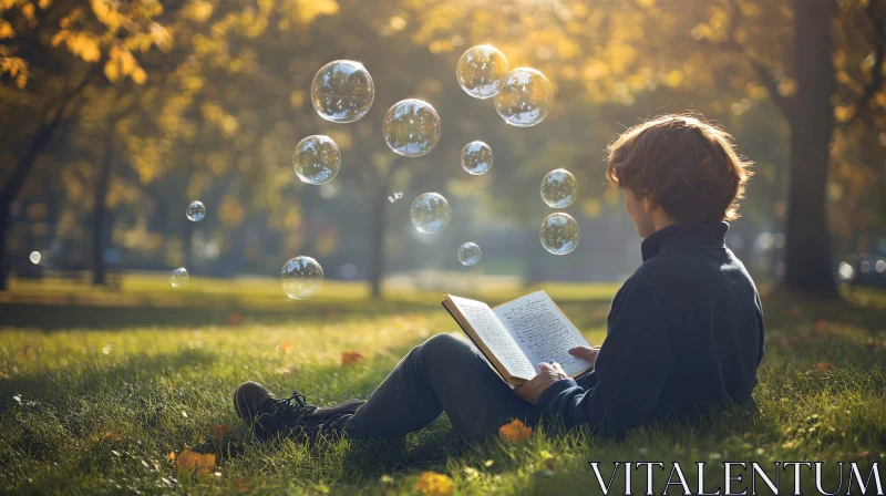 Boy Reading Book Surrounded by Bubbles