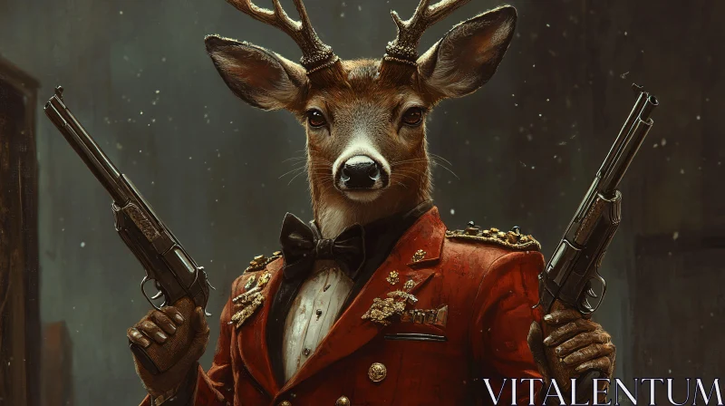 Anthropomorphic Deer with Pistols in a Surreal Red Jacket