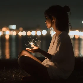 Night Scene with Woman and Lights