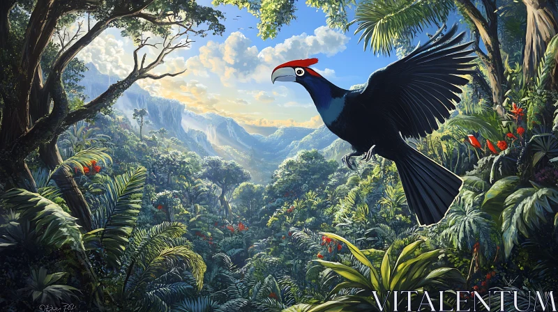 AI ART Exotic Bird in Flight Over Tropical Forest