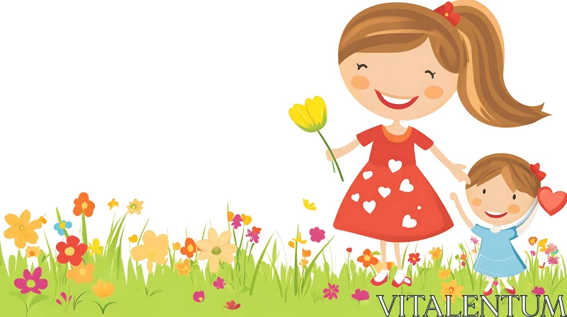 Cartoon Mom and Child in Flower Field