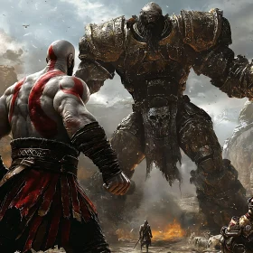 Warrior Confronts Armored Giant in Battle