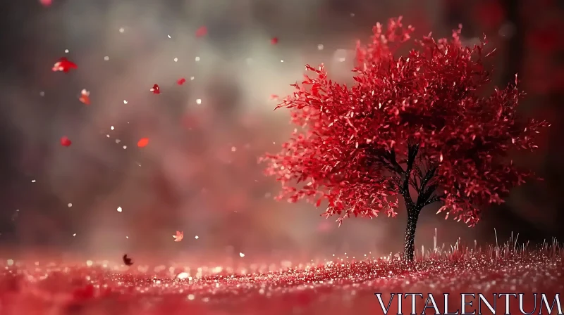 Solitary Red Tree in Sparkling Field AI Image