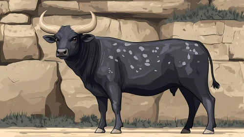 Illustration of a Bull by Stone Wall