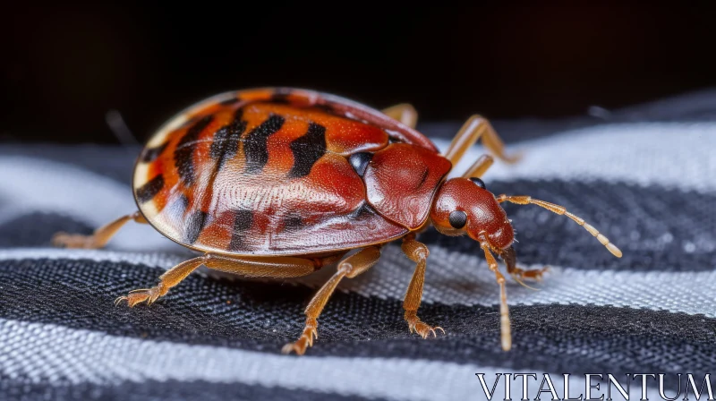Close-up of Red and Black Bug on Striped Cotton Cloth AI Image