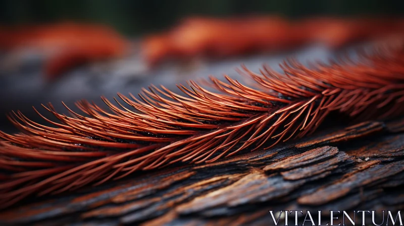 Close-up of Red Pine Needles on Weathered Tree Bark AI Image