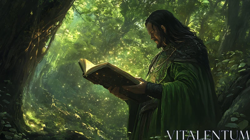 Man Reading Book in Forest