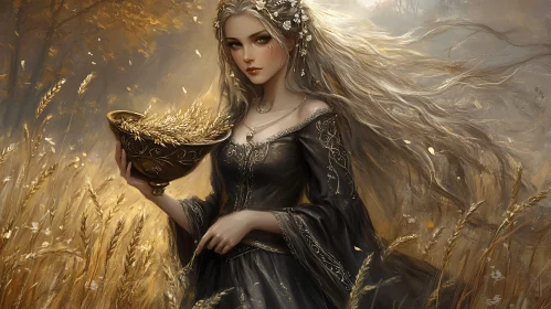 Woman with Bowl in Golden Field