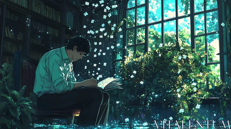 Man Writing in Library with Paper Effect