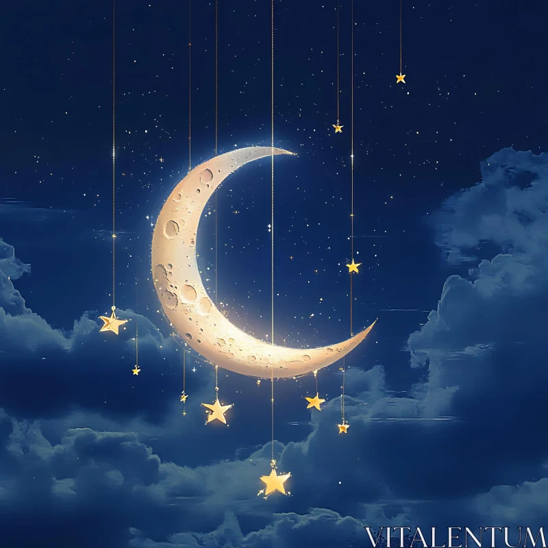 Celestial Moonlit Night with Golden Stars