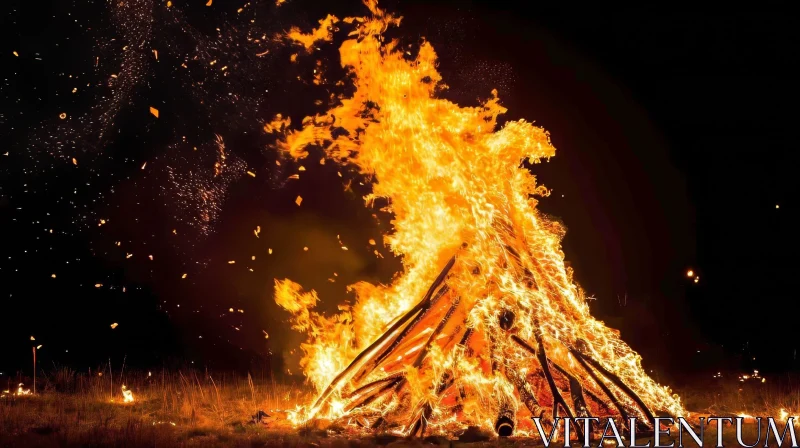 Enchanting Bonfire: Fiery Sparks Illuminate the Night AI Image