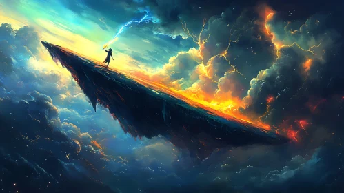 Magical Figure Conjuring Lightning on Floating Island