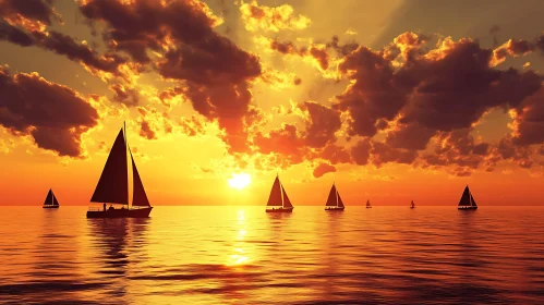 Golden Sunset Sailboats on the Sea