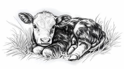 Calf Sketch Resting in Grass