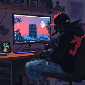 Gamer's Desk and Tech Gear at Sunset