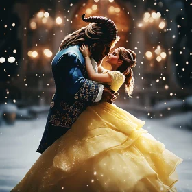 Belle and Beast Embrace in Winter