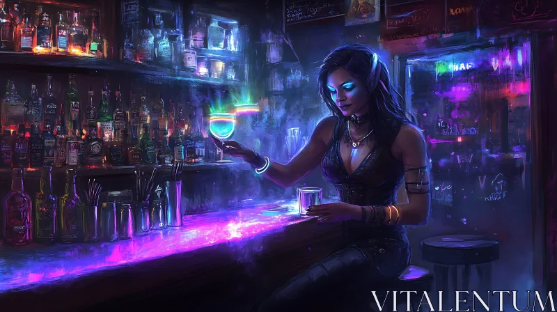 Lady with Cocktail in a Neon Bar