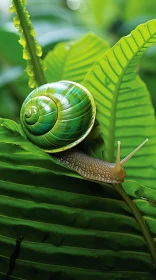 Green Snail on Leaf - Storybook Nature Illustration