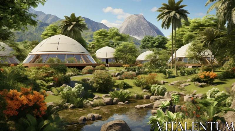 Luxurious Geodesic Tiki Camp Amidst Mountainous Tropical Landscape AI Image