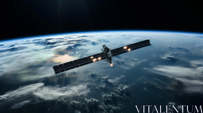 AI ART Satellite in Space Flying Over Earth and Planet - Vray Tracing Art