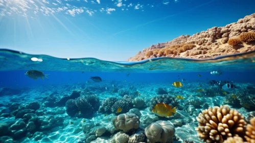 Underwater Beauty: Coral Reef and Tropical Fish in Sunlit Ocean