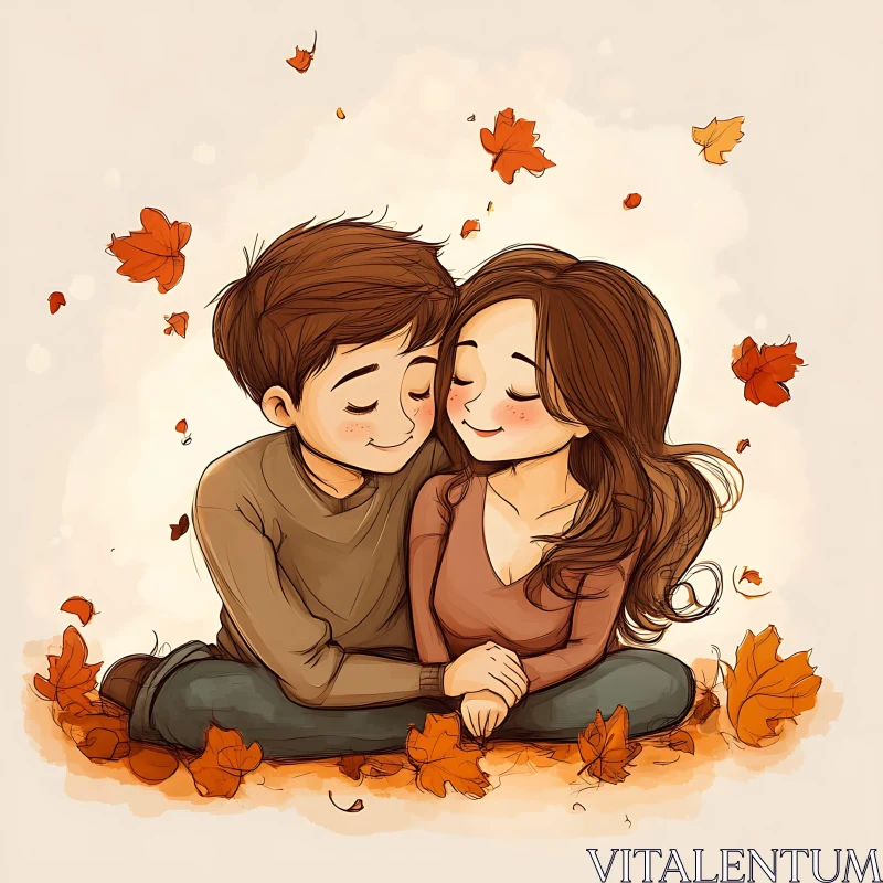 AI ART Cartoon Couple in Autumn Leaves