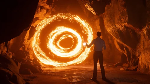 Man and Fire Circle in Cave